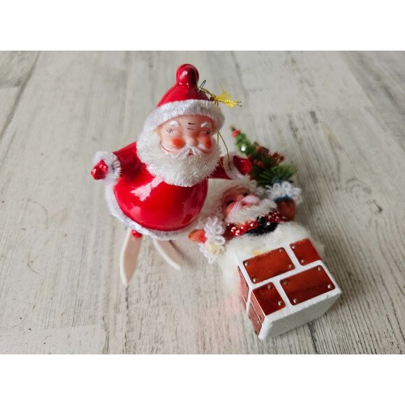 Vintage flocked Santa skier plastic chimney tree ornament beaded Xmas Santa with - Picture 1 of 15